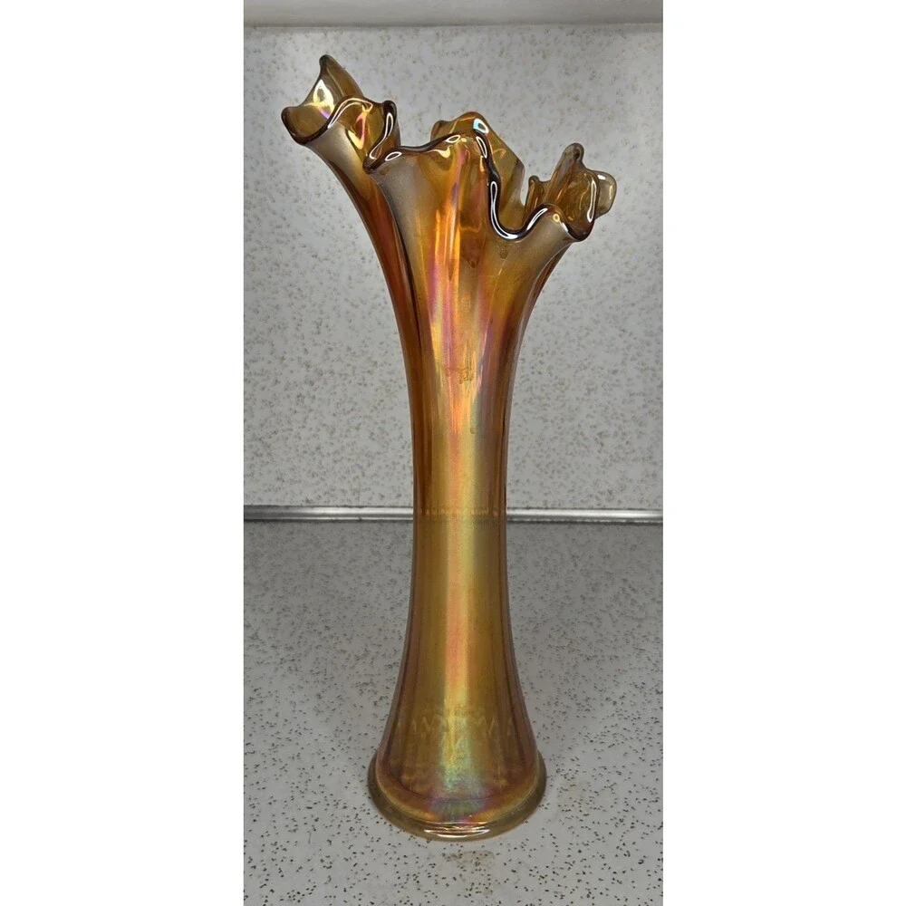 Vtg Imperial 12.5” Marigold Carnival Glass Swung Freefold Pattern Vase